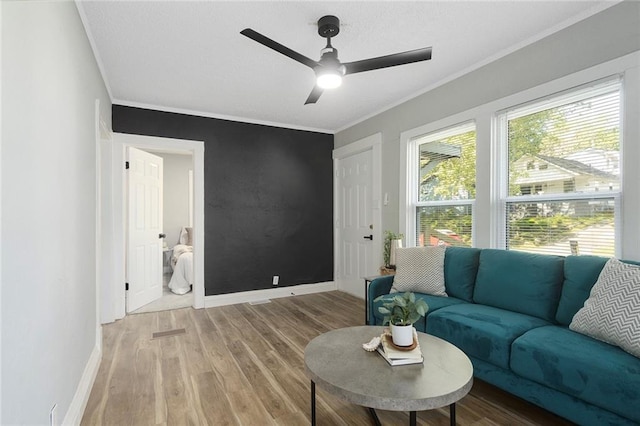 living room featuring light wood-style flooring, crown molding, ceiling fan, and baseboards