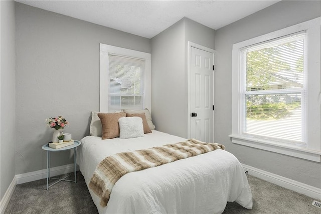 bedroom with carpet flooring, baseboards, and multiple windows