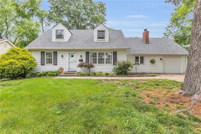 7701 W 97th St, Overland Park, KS 66212 - cape cod home featuring a garage, a front lawn, roof with shingles, and a chimney
