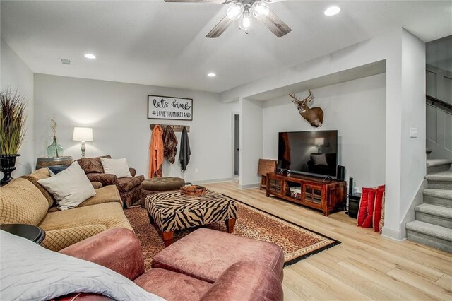 11809 E Ridgeview Ct, Peculiar, MO 64078 - living room featuring stairs, light wood-style floors, a ceiling fan, recessed lighting, and baseboards