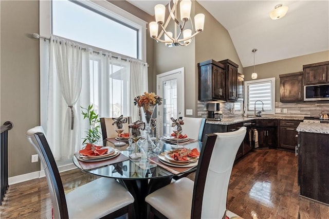 4108 NW 76th St, Kansas City, MO 64151 - dining space featuring a chandelier, dark wood finished floors, plenty of natural light, and high vaulted ceiling