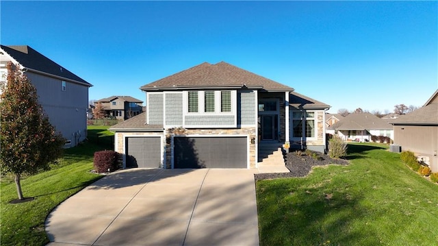 4108 NW 76th St, Kansas City, MO 64151 - view of front of property with stone siding, an attached garage, driveway, a front lawn, and central air condition unit