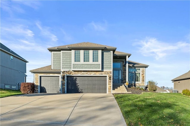 4108 NW 76th St, Kansas City, MO 64151 - view of front of house with stone siding, driveway, a garage, and a front lawn