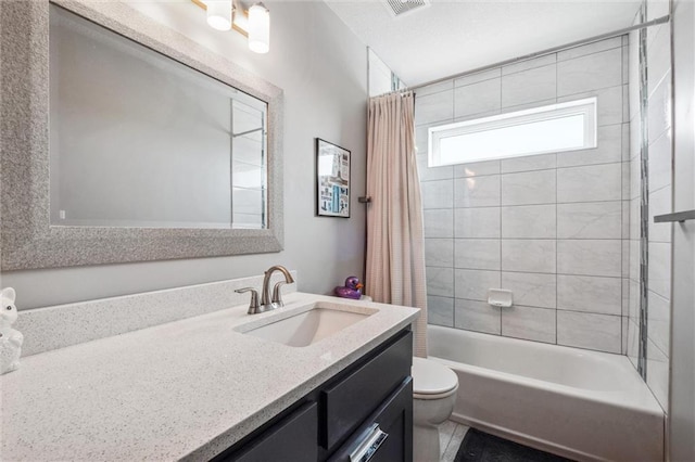 bathroom featuring toilet, vanity, and shower / bath combination with curtain