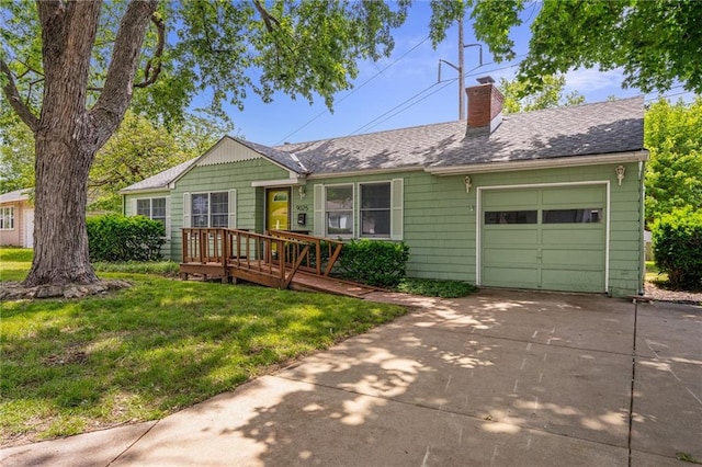9025 W 82nd Ter, Overland Park, KS 66204 - single story home with an attached garage, a chimney, a front yard, driveway, and a wooden deck