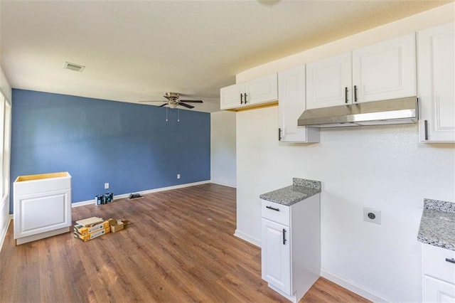 6021 E 151st Ter, Grandview, MO 64030 - kitchen with a ceiling fan, white cabinets, light stone countertops, wood finished floors, and under cabinet range hood