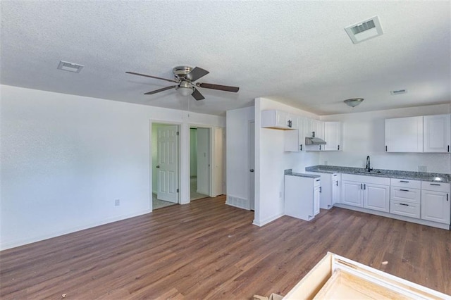 6021 E 151st Ter, Grandview, MO 64030 - kitchen featuring dark wood-type flooring, ceiling fan, white cabinetry, a textured ceiling, and under cabinet range hood