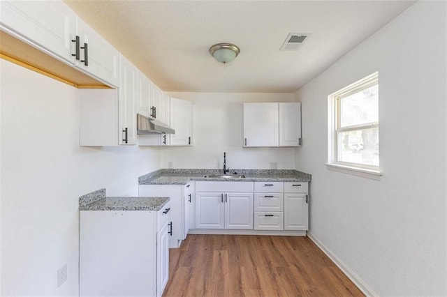 6021 E 151st Ter, Grandview, MO 64030 - kitchen with a sink, under cabinet range hood, light wood-type flooring, white cabinetry, and light stone countertops