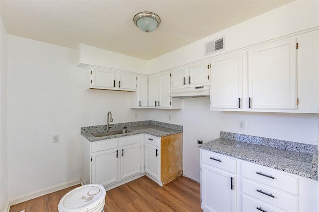 6021 E 151st Ter, Grandview, MO 64030 - kitchen featuring a sink, under cabinet range hood, light wood-type flooring, light stone countertops, and white cabinets