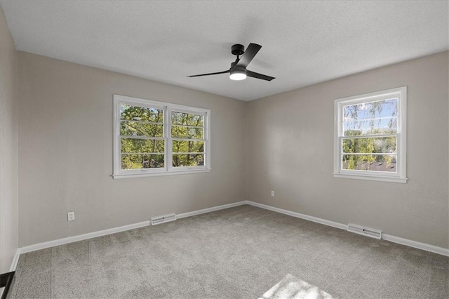 empty room with plenty of natural light, carpet floors, ceiling fan, and a textured ceiling
