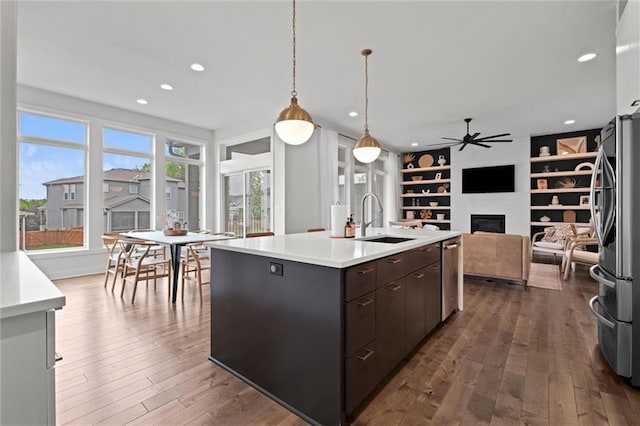 15932 W 171st Ter, Olathe, KS 66062 - kitchen featuring a sink, appliances with stainless steel finishes, a glass covered fireplace, dark wood-type flooring, and a ceiling fan