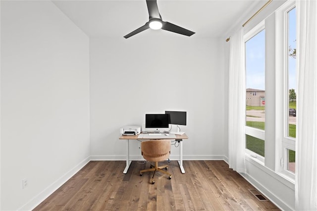 15932 W 171st Ter, Olathe, KS 66062 - home office with a ceiling fan, wood finished floors, and baseboards
