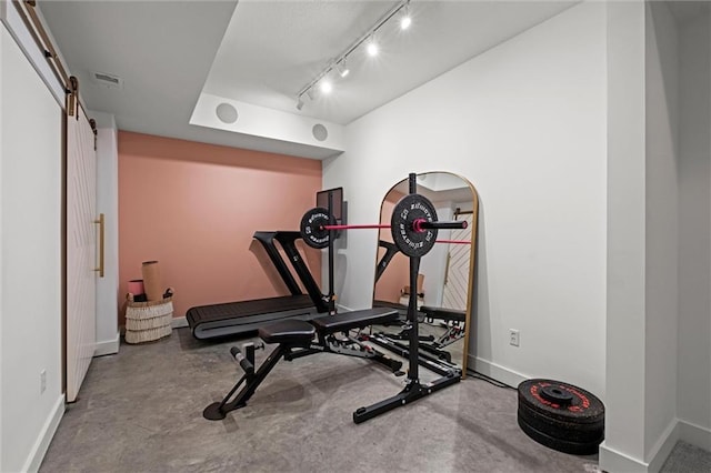 15932 W 171st Ter, Olathe, KS 66062 - exercise area featuring baseboards, rail lighting, and a barn door