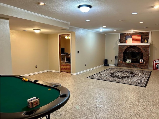 102 Willow Pt, Lansing, KS 66043 - recreation room with ornamental molding, billiards table, baseboards, a brick fireplace, and recessed lighting