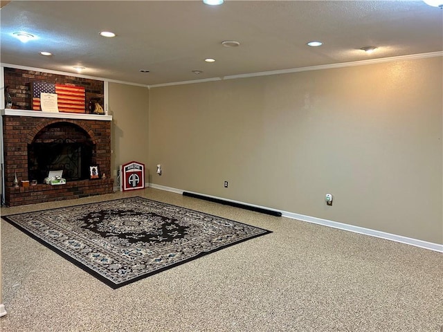 102 Willow Pt, Lansing, KS 66043 - unfurnished living room featuring baseboards, a fireplace, ornamental molding, and recessed lighting