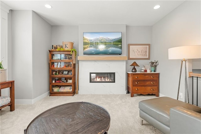 16966 S Durango St, Olathe, KS 66062 - living room featuring carpet, a fireplace, recessed lighting, and baseboards