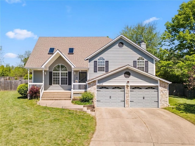 view of front of house featuring driveway, a porch, an attached garage, stone siding, and a chimney
