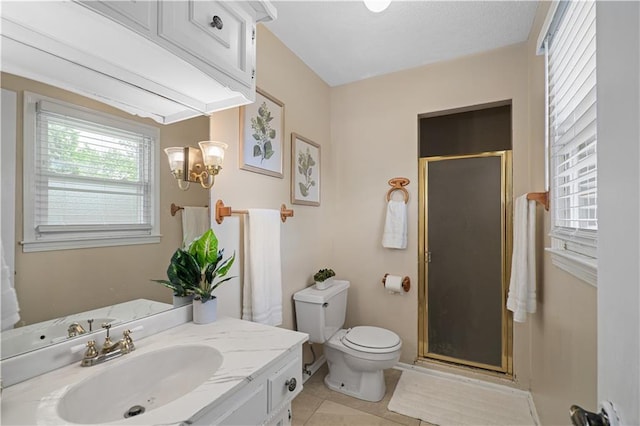 2532 N 73rd St, Kansas City, KS 66109 - full bath with a stall shower, vanity, tile patterned flooring, toilet, and a chandelier