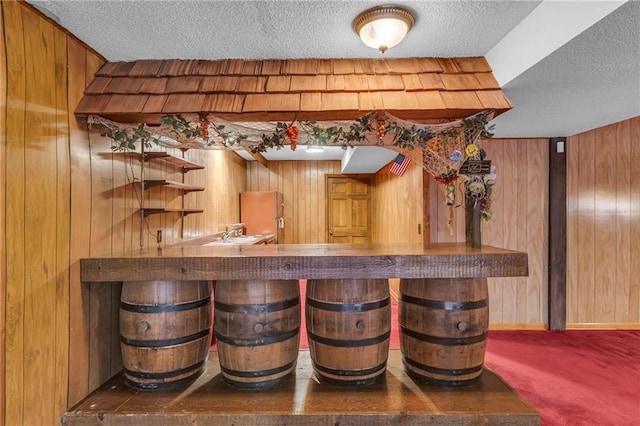 28210 Hedge Ln, Paola, KS 66071 - indoor bar featuring a textured ceiling, wooden walls, carpet floors, arched walkways, and baseboards