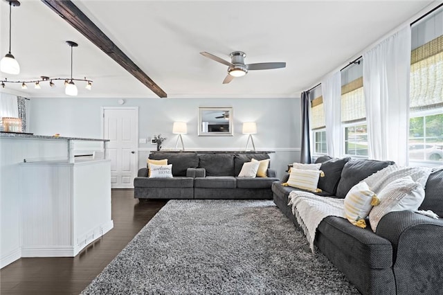 living room featuring dark wood-style floors and ceiling fan