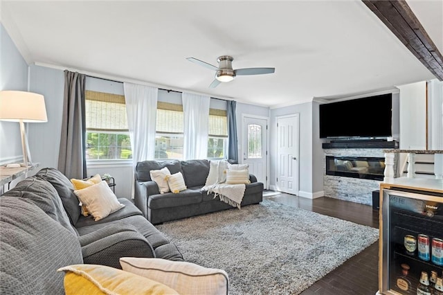 living area with ornamental molding, a ceiling fan, healthy amount of natural light, and dark wood finished floors