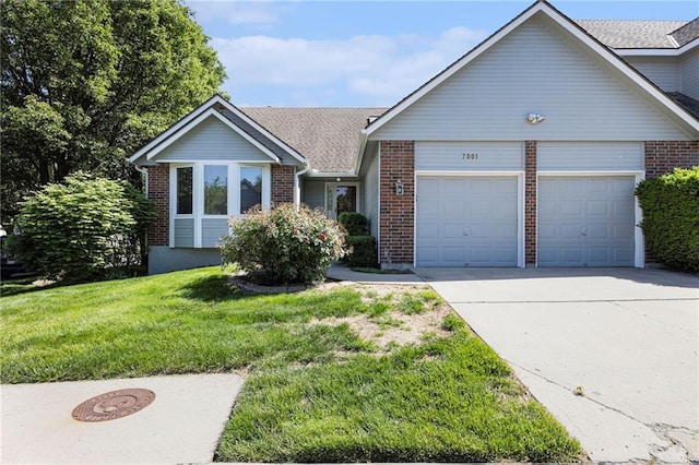 7001 W 157th Ter, Overland Park, KS 66223 - view of front facade with brick siding, an attached garage, driveway, a front lawn, and a shingled roof