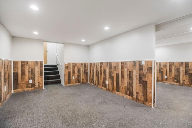 1924 N 75th Dr, Kansas City, KS 66112 - finished basement featuring wooden walls, carpet flooring, stairway, recessed lighting, and a wainscoted wall
