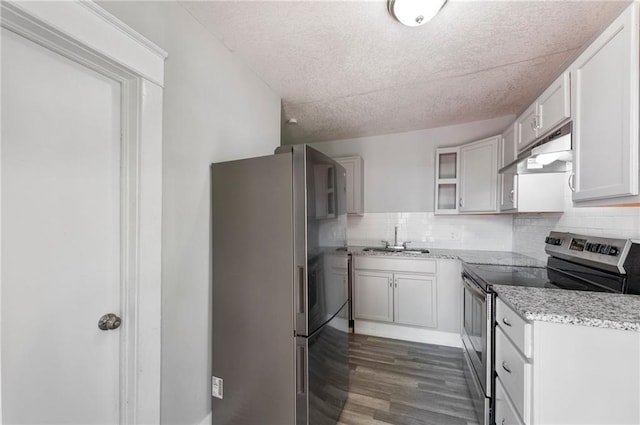 kitchen featuring stainless steel appliances, under cabinet range hood, a sink, dark wood-style floors, and a textured ceiling