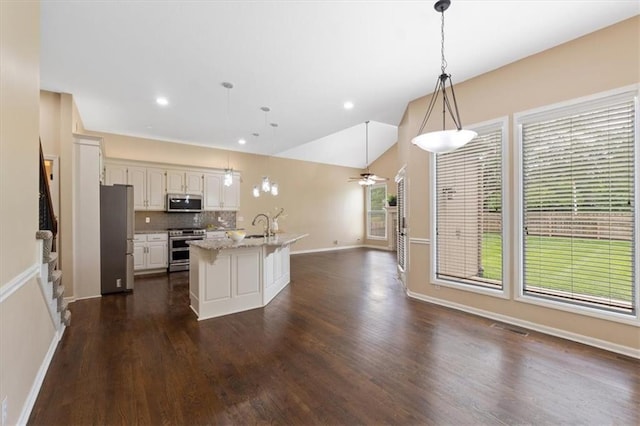 kitchen featuring stainless steel appliances, dark wood-type flooring, open floor plan, a sink, and recessed lighting