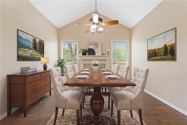 dining room with baseboards, vaulted ceiling, a ceiling fan, and healthy amount of natural light
