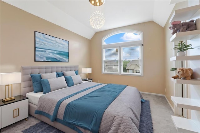 bedroom featuring light carpet, lofted ceiling, baseboards, and a chandelier