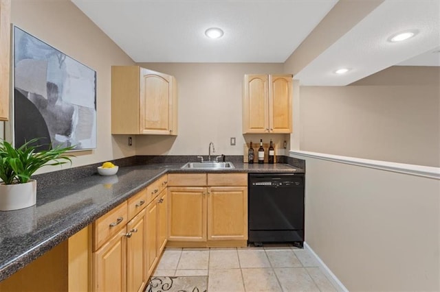 kitchen with black dishwasher, light brown cabinetry, a sink, light tile patterned flooring, and recessed lighting