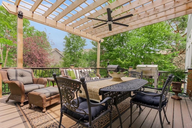 6104 W 144th St, Overland Park, KS 66223 - wooden terrace featuring a pergola, outdoor dining space, ceiling fan, and a grill