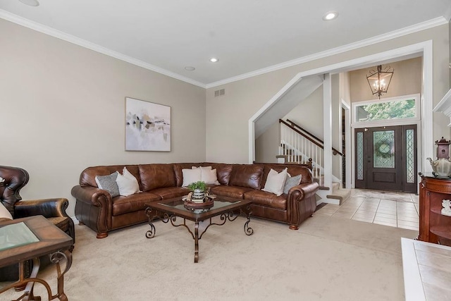 6104 W 144th St, Overland Park, KS 66223 - living area with stairway, carpet floors, recessed lighting, and ornamental molding