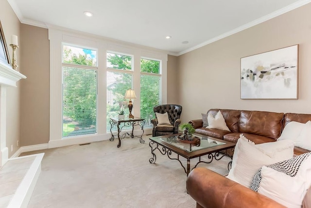 6104 W 144th St, Overland Park, KS 66223 - living area with ornamental molding, carpet flooring, baseboards, and recessed lighting