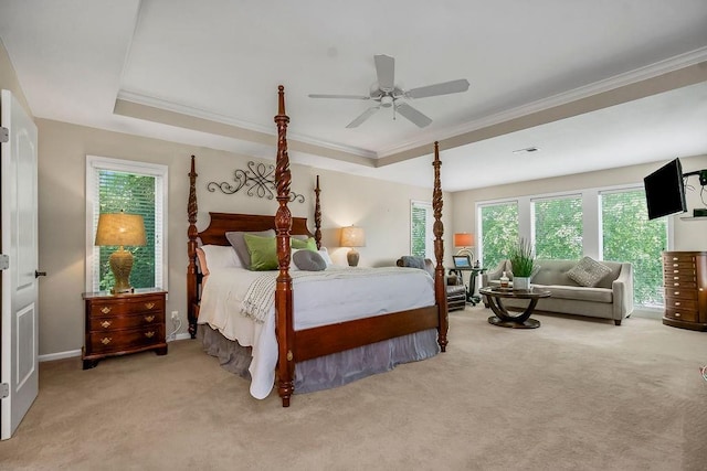 6104 W 144th St, Overland Park, KS 66223 - carpeted bedroom featuring crown molding, a raised ceiling, ceiling fan, and baseboards