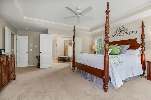 6104 W 144th St, Overland Park, KS 66223 - bedroom featuring a tray ceiling, crown molding, light carpet, a ceiling fan, and baseboards