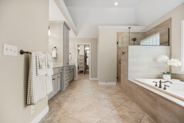 6104 W 144th St, Overland Park, KS 66223 - bathroom with a shower stall, vanity, a bath, ornamental molding, and baseboards