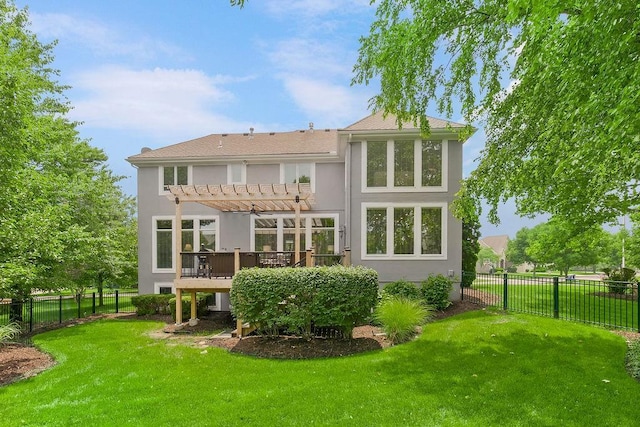 6104 W 144th St, Overland Park, KS 66223 - rear view of house featuring a pergola, stucco siding, and a wooden deck