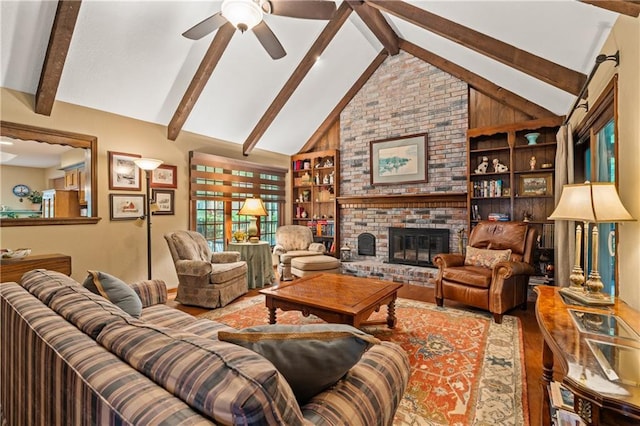 20129 W 112th Cir, Olathe, KS 66061 - living room with ceiling fan, a brick fireplace, wood finished floors, and built in features