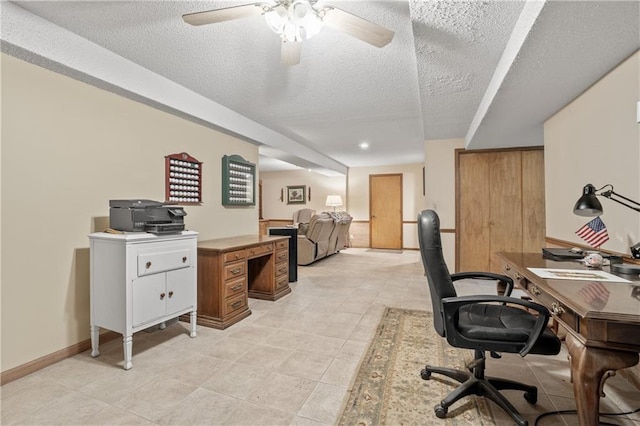 20129 W 112th Cir, Olathe, KS 66061 - office featuring a textured ceiling, a ceiling fan, light tile patterned floors, and baseboards
