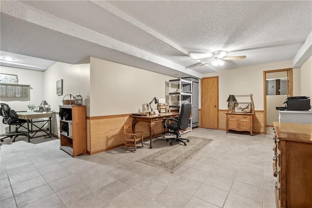 20129 W 112th Cir, Olathe, KS 66061 - office featuring a textured ceiling, wainscoting, a ceiling fan, and light tile patterned floors