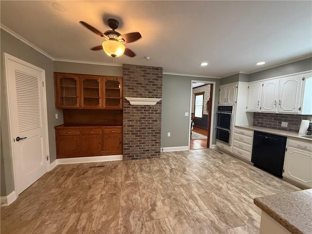 1701 Main St, Lexington, MO 64067 - kitchen featuring black appliances, ceiling fan, white cabinetry, ornamental molding, and glass insert cabinets