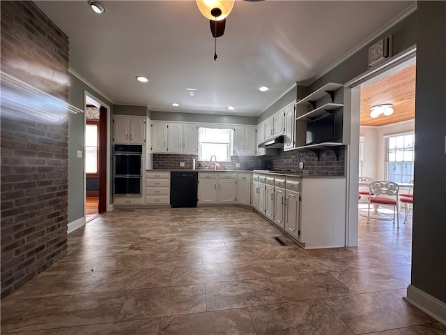 1701 Main St, Lexington, MO 64067 - kitchen featuring black appliances, plenty of natural light, open shelves, white cabinets, and ornamental molding