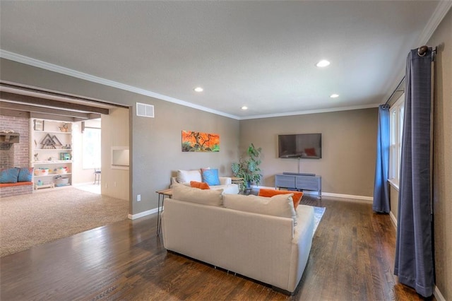 living area with ornamental molding, recessed lighting, baseboards, and dark wood-type flooring