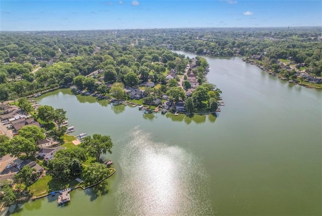 aerial view of a nearby body of water and a forest