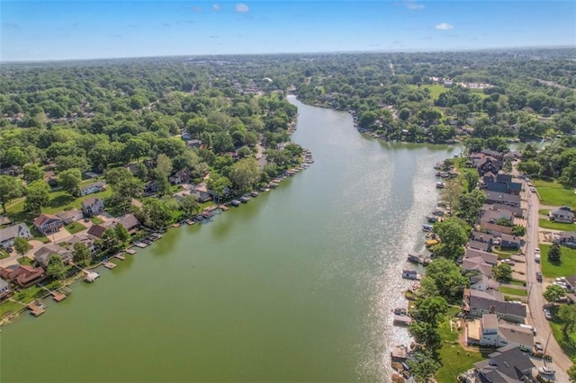 aerial perspective of suburban area with a large body of water and a forest