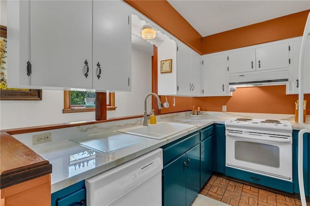 kitchen featuring white appliances, a sink, under cabinet range hood, light countertops, and white cabinets