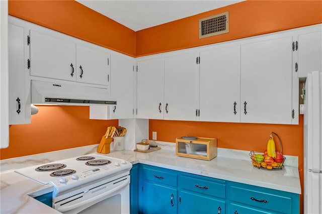 kitchen featuring white appliances, range hood, light countertops, white cabinetry, and blue cabinets