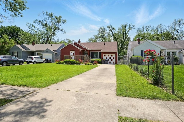 single story home with driveway, a garage, and a chimney